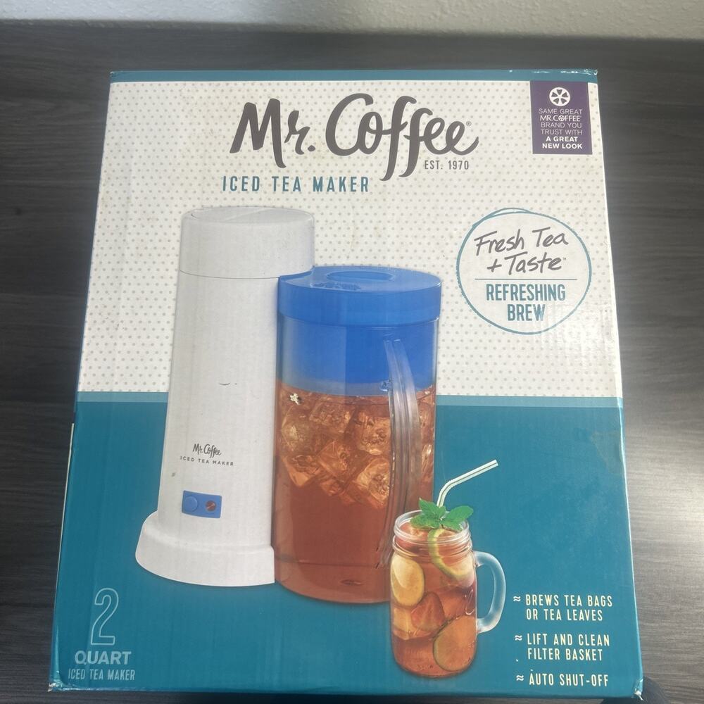 Mr. Coffee Iced Tea Maker White Teal 2 Quart 2014 Auto Shut-Off New In Box